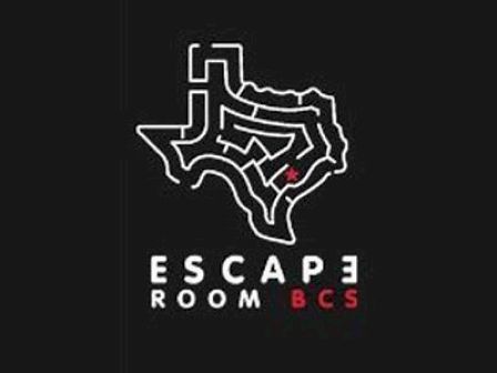 The image features the outline of Texas with a maze design inside and a red &lsquo;X&rsquo;. Below are the words "ESCAPE ROOM B C S" in white and red text.