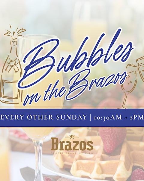 A bright breakfast table setup with bubbly drinks and waffles, overlaid by a &ldquo;Bubbles on the Brazos&rdquo; event banner and glassware details.