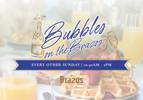 A bright breakfast table setup with bubbly drinks and waffles, overlaid by a &ldquo;Bubbles on the Brazos&rdquo; event banner and glassware details.