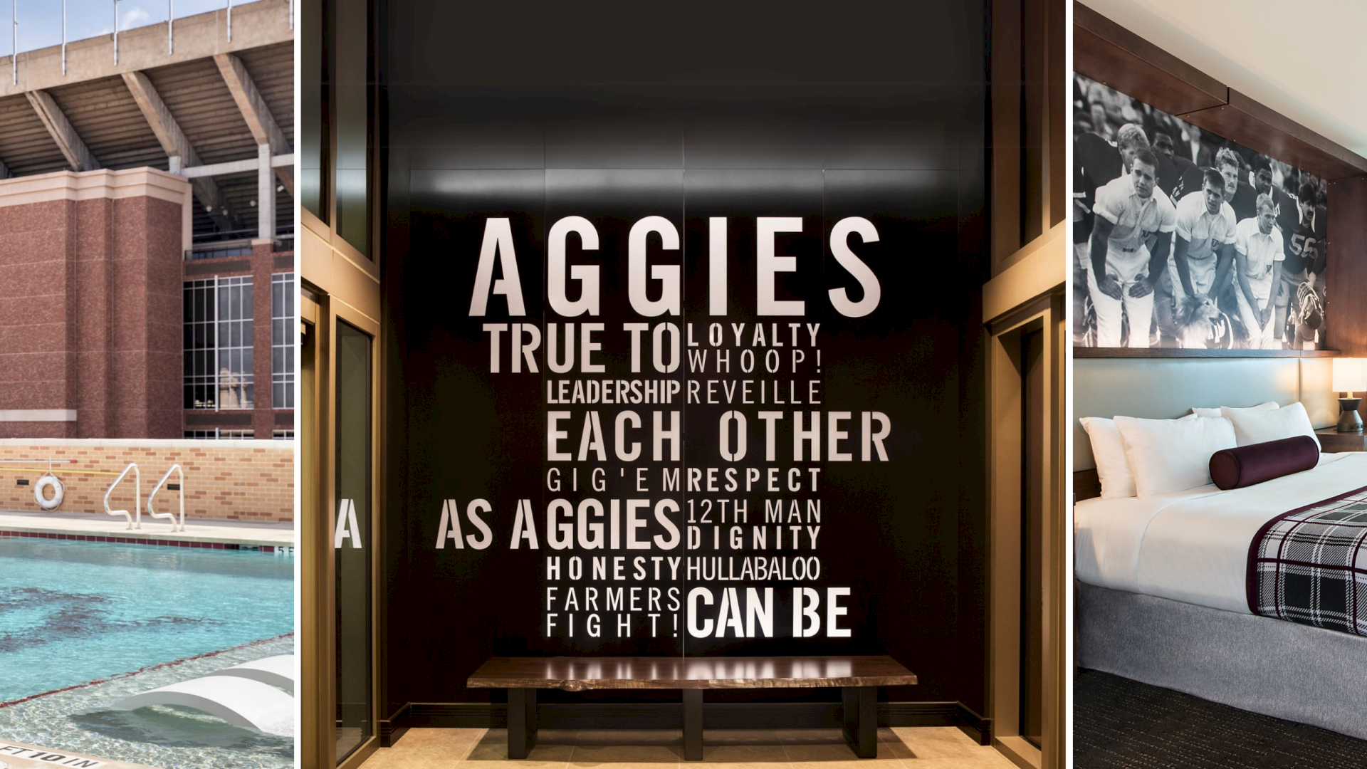 The image shows a pool with lounge chairs, a motivational Aggies sign, and a hotel room with a view of Kyle Field.