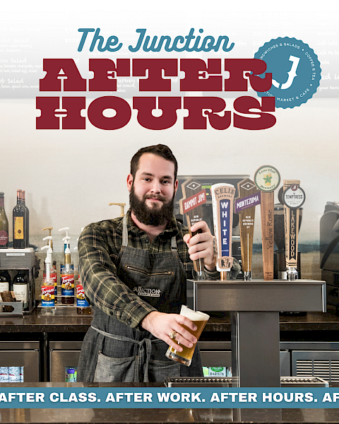 A bearded bartender in a &ldquo;The Junction&rdquo; pub promo holds a pint of beer with &ldquo;All Eights Hours&rdquo; and &ldquo;After class, after work&rdquo; text.
