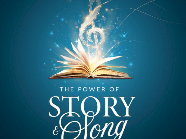 An open glowing book with a treble-note symbol above it, promoting &ldquo;The Power of Story & Long&rdquo;.