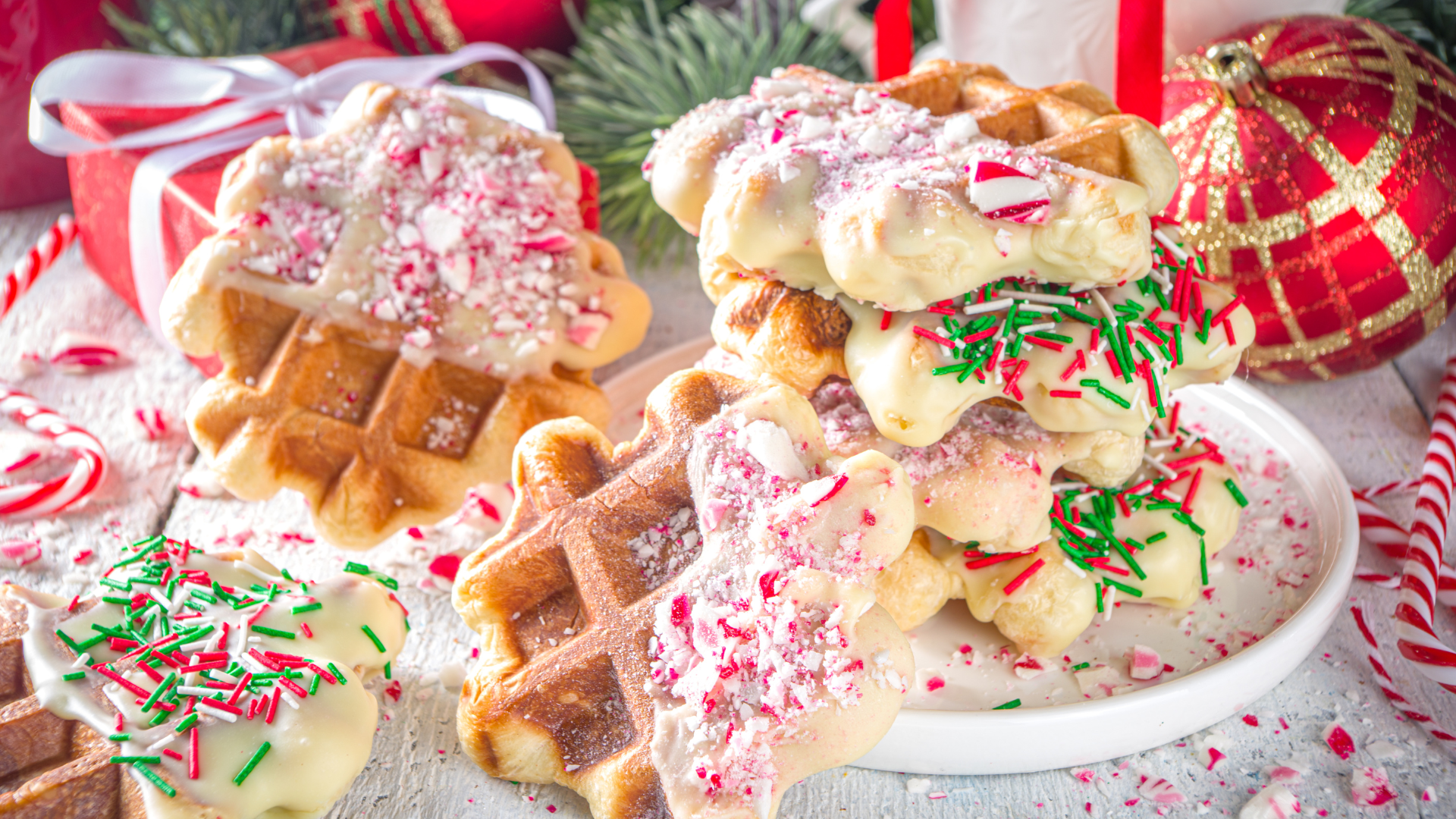 Festive waffles topped with white chocolate, crushed candy canes, and sprinkles, surrounded by holiday decorations and gifts.